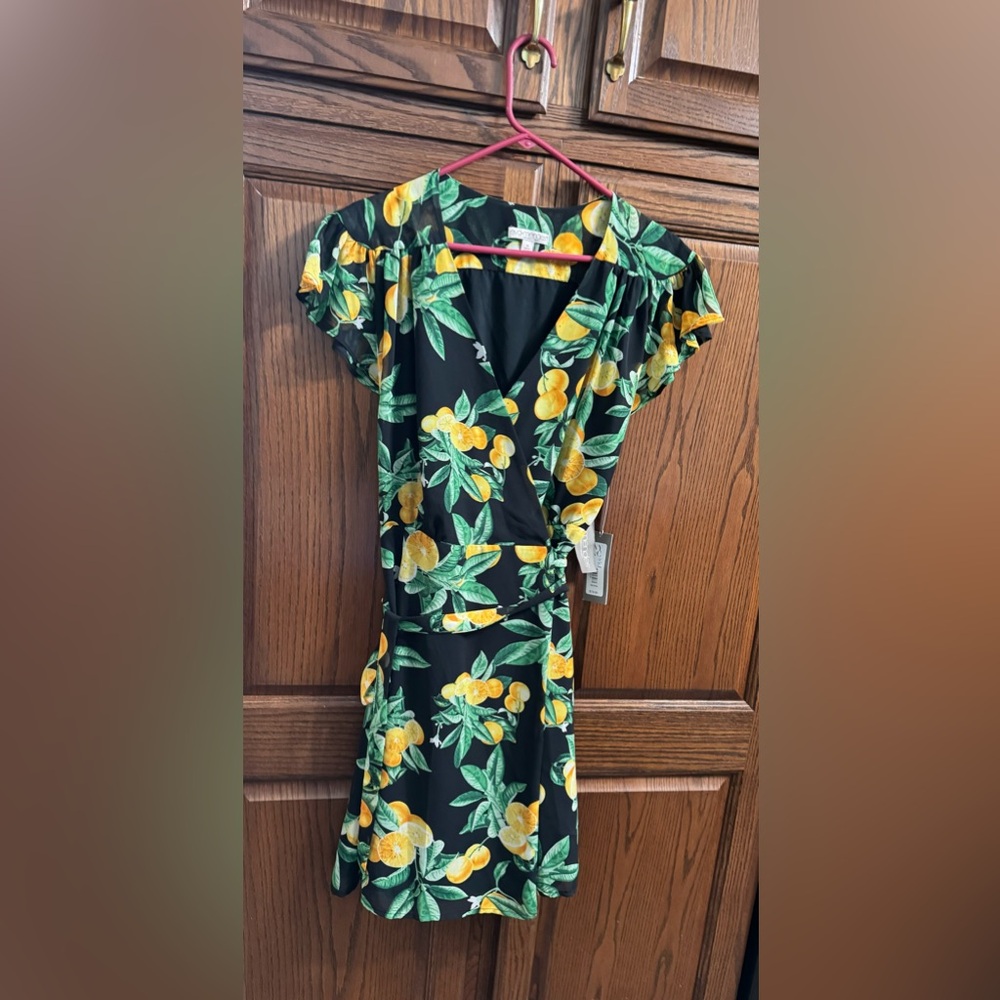 Eva Mendes Black Orange Blossom V-Neck Wrap Dress Size M